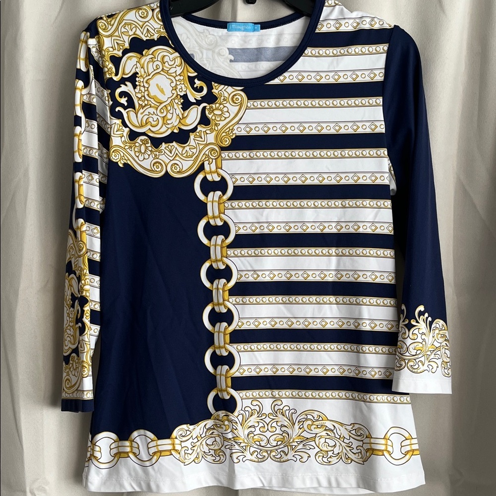 J. McLaughlin Signature 3/4 Sleeve Navy Gold Chain Baroque Pattern Medium‎